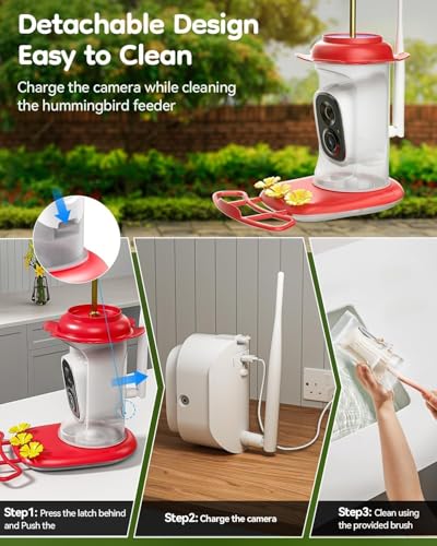 Solar Hummingbird Feeder with Camera, 2K Live View AI Identify Camera | 2K live view camera, Smart AI species identification, Ant guard & moat, Bee proof design, 3 feeding ports, Bird lover gift
