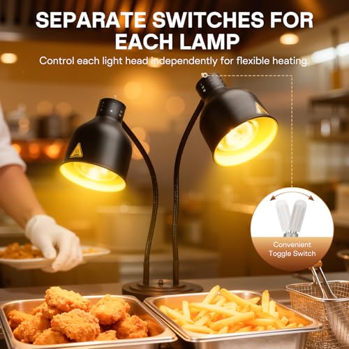 2-Head Heat Lamp for Food - 500W Commercial Food Warmers, Black | Keep Food Warm, Adjustable Head, Portable Food Heat Lamp, Food Warmers for Parties Buffet, Restaurant, Kitchen, Catering - color: Black