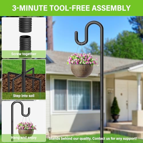 Shepherds Hook for Bird Feeder, 92" Heavy Duty Double Bird Feeder Pole with 5-Prong Base, Thickened Metal Shepherd Hook for Outdoor Hanging Flower Baskets, Solar Lights, Black, 2 Pack - size: 92", style: 2 Pack