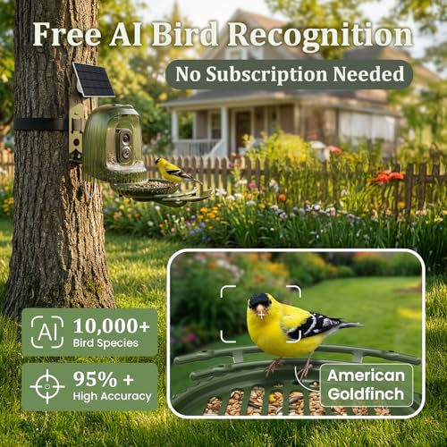 HIXX x COOLFLY Bird Feeder with Camera Solar Powered, Free AI Bird ID | 2.5K UHD, Auto Capture Recording Videos, Instant Alerts, Solar Night Light, Seed Guard Tray, Wall/Tree Mount/Freestanding - color: MultiColorLight