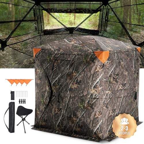 VEVOR Hunting Blind，See Through Ground Blinds with Carrying Bag, 360 Degree Portable Camouflage Tent，Durable Concealed Shelter with Silent Side Door and Window, for Turkey and Deer - size: 2-3 Person（270°See Through ）