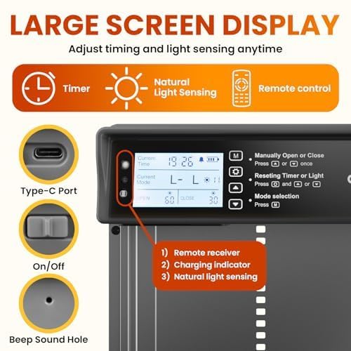 Okkobi Automatic Chicken Coop Door Solar Powered - LCD Display - Chicken Coop Door with Remote Control, Light Sensor & Timer - Security & Peace of Mind: Anti-Pinch Function - 5-Year Protection - Grey - color: Grey