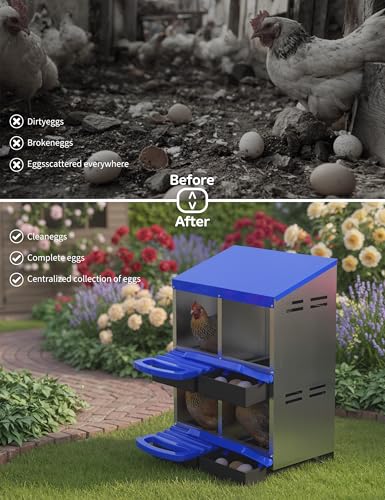 GarveeLife Chicken Nesting Box 4 Hole, Galvanized Steel Nest with Roll Away Egg Collection & Swing Perch, Easy-Clean Laying Box for Hens, Heavy Duty Design for Chicken Coop - color: Blue, size: 4 holes 2 layers