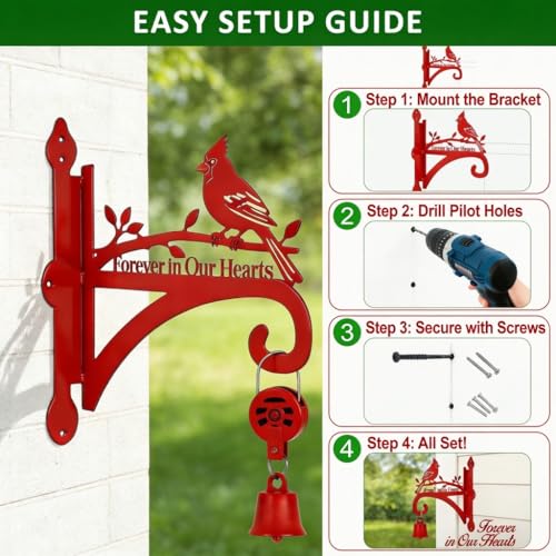Cardinal Memorial Plant Hanger Hook, Sympathy Gift – 8.3"x9.8" Rustproof Metal Bracket with Forever in Our Hearts Red Cardinal Bird, Holds Planters Feeders Wind Chimes Lanterns Indoor Outdoor