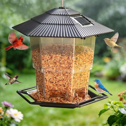 Solar Bird Feeder for Outdoors Hanging,Hanging Wild Bird Feeders with S Hook for Blue Bird, Cardinals, Finches,Wild Birds Seed Feeder, As Gift for Bird Lovers（Black） - color: Black Solar Bird Feeder