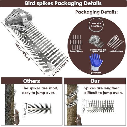 Bird spikes deterrent for outside Stainless Steel 360°Bend 100cm with Accessories, Anti Climb Spikes to Keep Birds- Pigeon-Racoon-Squirrel-Cat Away from porch baffle feeder yard patio garden Fence