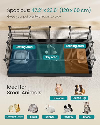 SONGMICS Guinea Pig Cage, Rabbit Cage, Small Animal Playpen with Waterproof Mat, Top and Side Door, 20 Panels, 48.4 x 24.8 x 16.3 Inches, Ink Black ULPI012BH01 - color: Ink Black, style: 20 Panels - 48.4"L x 24.8"W x 16.3"H