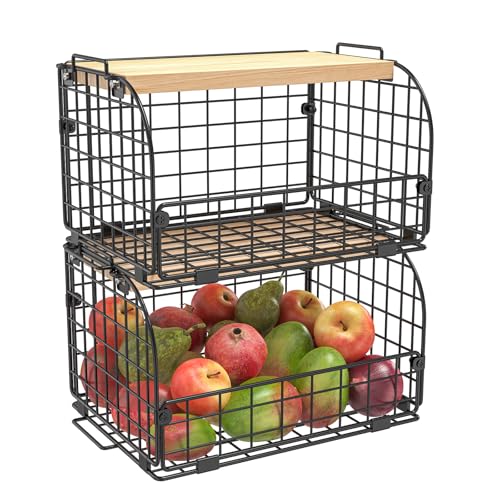 2 Set Stackable Wire Basket with Openable Top, Kitchen Counter, Pantry Organizer and Storage Produce Onion Potato Fruits Vegs Bread Food Snack Spice Organizing Bin for Cabinet Shelf Countertop Floor