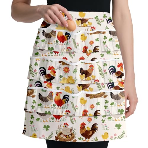 CUTHOLLOW Egg Collecting Apron for Adlut, Housewife, 18 Deep Pockets Hen Egg Gathering Holding Apron with Elastic Closures - style: Chicken Flowers