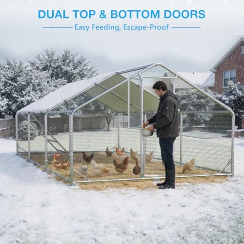 Large Metal Chicken Coop, Outdoor Chicken Run with Cover, 10 x 20 x 6.5 FT | Heavy-Duty Poultry Enclosure & Chicken Pen with Split Doors, Galvanized Steel Frame, Free Wire Mesh Fence and Roosting Ladder - size: 118.1"L x 78.7"W x 235.2"H