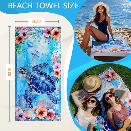 Sea Turtle Beach Towel Bag - Summer Multi-Functional Microfiber Beach Blanket Flower Printed Drawstring Bag for Travel - color: Summer Turtle Blue