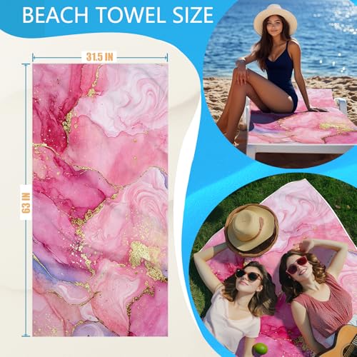 Pink Marble Beach Towel - Microfiber Beach Blanket Backpack 2 in 1 for Travel Adult Camping Holiday 63"x31.5" - color: Abstraction Marble Pink