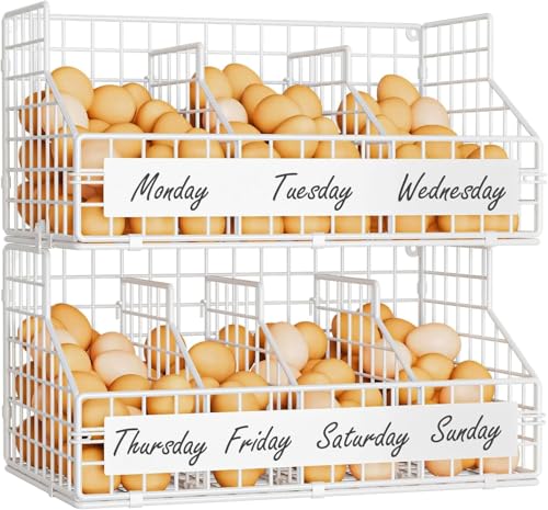 keomaisyto Fresh Egg Holder with 5 Dividers to Separate Eggs for a Week, 2 Tier Stackable Wire Baskets for Gathering Eggs, XXL Egg Rack for Countertop/Wall-Mounted, With DIY Labels, White - color: White, size: 2-Tier X-Large