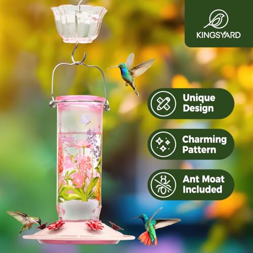 Kingsyard 2 Pack Hummingbird Feeders for Outdoor Hanging - Charming Patterned Glass Humming Bird Feeder with 6 Feeding Ports and Ant Moat, Ideal Gift Choice for Bird Lovers, Pink | Extra-Wide Mouth Bottle for Easy Cleaning, 6 Feeding Ports, Built-In Ant M