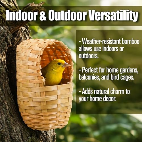Finch Nests for Cages - Small Bird Nest with Metal Hook, Hand-Woven Box Natural Bamboo Cage Accessories, Hut Toy Hanging Shelter Warm Bird Houses, Handmade Hideout House, Outdoor Balcony Art Crafts