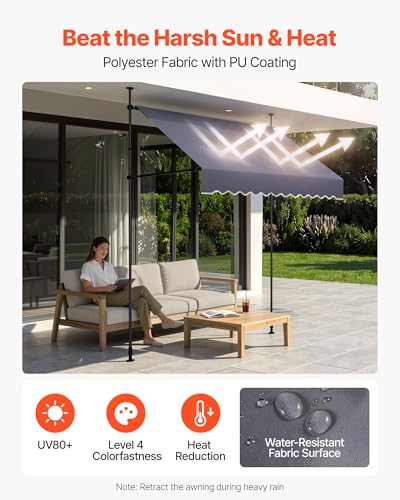 VEVOR Manual Retractable Awning, 78" x 59" Outdoor Patio Awnings Sunshade Shelter with 43"-59" Retractable Side Bar, No Drill Height Adjustable, Crank Handle for Backyard, Balcony, Dark Gray - size: 78x59 in
