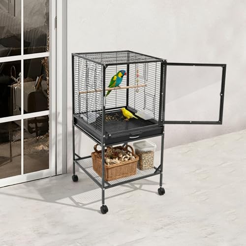Bird Cage, 17.95 x 17.95 x 38 Inch Mobile Bird Flight Cage Large Metal Parakeet Cage w/Slide-Out Tray & Storage Shelf for Budgerigars Lovebirds Kea Parrots & Sun Conures - color: Black, size: 18.0"L x 18.0"W x 38.0"H