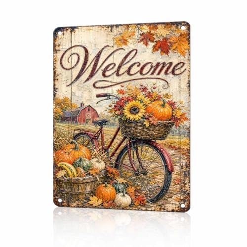 Thanksgiving Fall Bicycle Red Barn Tin Sign Sunflower Pumpkin Farmhouse Wall Decor for Kitchen Dining Room Living Room Porch Entryway and Farmhouse Home Decor 16 * 12In - color: Vintage Thanksgiving Tin Sign 2, size: 30X40cm(12*16in)