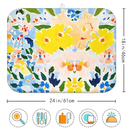 Floral Reversible Counter Dish Drying Mat, 18x24, Blue Yellow Draining Pad | Soft microfiber catches spills, non-slip backing protects counters, compact foldable mat suits dishes, glasses and cookware - color: Flower 02, size: 24" x 18"