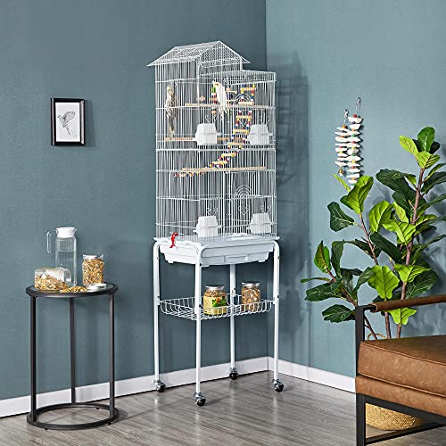 Yaheetech 62.5-inch Roof Top Flight Bird Cage for Parakeets Cockatiels Conures Finches Lovebirds Canaries Budgies Small Parrots, Large Birdcage with Detachable Rolling Stand, White - color: White