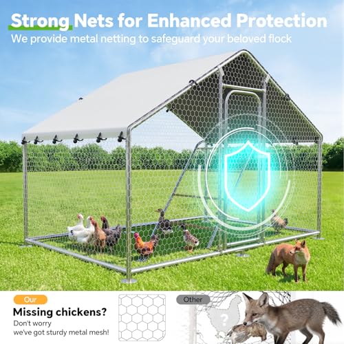 10 x 4.9 x 6.4 FT Metal Chicken Coop, Chicken Run with Cover | Walk-in Metal Chicken Coop, Waterproof Cover, Side Hardware Cloth, Roosting Perch, reinforced frame, Backyard & Farm Use - size: 5x10Ft
