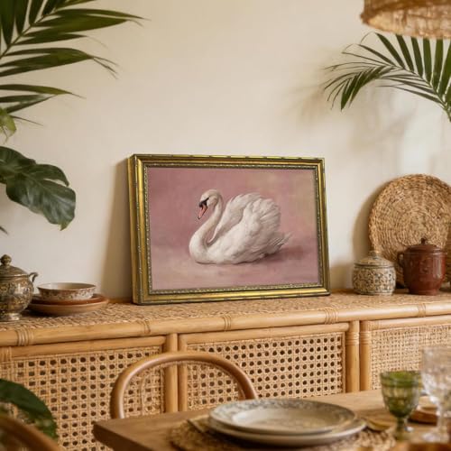 DR.RiftArt Pink Swan Wall Art Elegant Animal Painting Decor | Vintage Gold Framed Canvas Print Artwork, Farmhouse Wall Decor for Living Room Bedroom Office, 16x24 Inch - color: Pink Swan, size: 24"L x 16"W