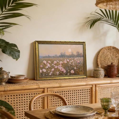 DR.RiftArt Vintage Flower Pink Landscape Wall Art Floral Wall Decor | Pastel Wildflower Rustic Farmhouse Canvas Picture Painting Print for Bedroom Living Room Office 16x24 inch Gold Framed - color: Pink Wildflower, size: 24"L x 16"W