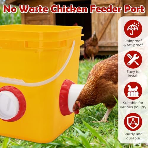 Chicken Feeders No Waste, DIY Automatic Poultry Feeder 8 Ports 1 Hole Saw with Covers Gravity Feed Kit for Buckets Barrels Bins Troughs（Red and White） - color: White and Red