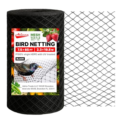 ATICCA Heavy Duty Bird Netting for Garden Protection & Fruit Trees, 7.5x65 Ft with 10 Stakes – Black Anti-Bird Net for Poultry, Deer, & Squirrel Protection, Durable Mesh for Garden and Yard Use - size: 7.5x65 Bird Netting
