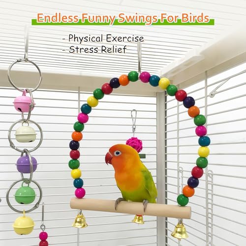 7 Packs Bird Toys for Parakeets, Colorful Parrot Toys with Swings, Bells, Beads, and Perches, Natural Wood Bird Cage Toys for Cockatiels, Lovebirds, Budgies, Conures, and Small Birds