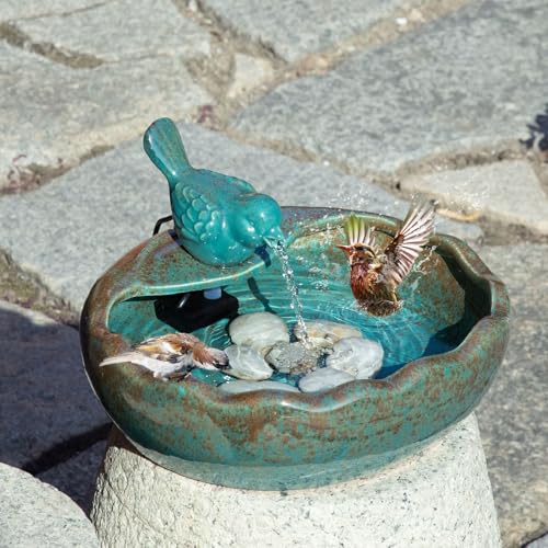 Ceramic Solar Fountain Bird Bath with Battery Backup,Solar Garden Fountain | Bird Bath Fountains Solar Power for Garden, Patio & Yard Decor,Working at Night for at Least 6 Hours (Bird)