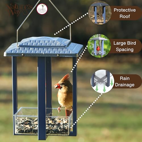 Nature's Way Fly-in Hanging Metal Fly Through Bird Feeder with Roof, 4 Cup, Easy to Clean and Fill, Wild Bird Feeder and Outdoor Décor, Blue