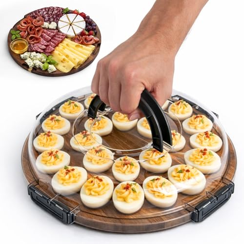 Deviled Egg Containers with Lid, 24-Slot Acacia Wood Deviled Egg Tray Platter for Serving and Transporting, Elegant Party & Potluck Serving Board (Black)