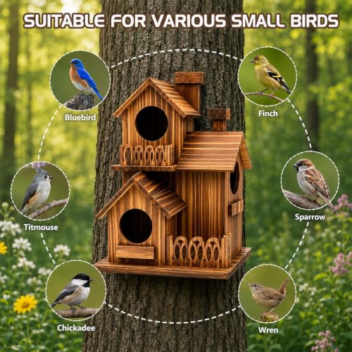 Wooden Bird Houses for Outside, 3 Compartments Villa Hanging Birdhouse, Carbonized Pine Nesting Box for Bluebird Wren Finch Backyard Garden Decor