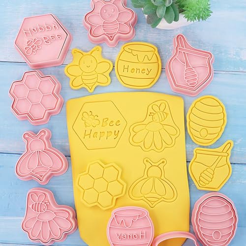 Bee Cookie Cutters with Cookie Stamps 8Pcs Honeycomb Fondant Baking Molds | Bee Honey Jar Honeycomb Cookie Molds, Ideal DIY Baking Supply for Bee Party, Baby Shower & Gift Making - color: Honeycomb