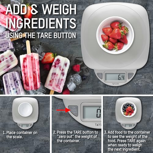 Taylor 11LB Capacity Digital Glass Top Kitchen Scale with LCD Display, Weight in Grams and Ounces for Baking, Cooking, and Meal Prep, Silver