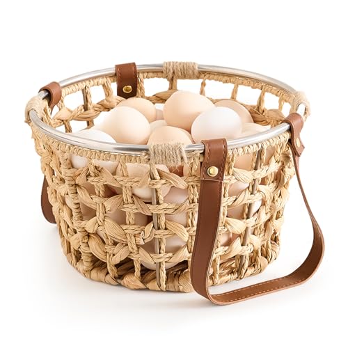 Farmhouse Wicker Egg Basket for Collecting Fresh Eggs, Round Storage Basket with Handle, Brown, Sea Grass - color: Round-Water Hyacinth