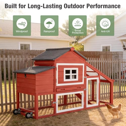 Chicken Coop with Wheels,Outdoor Hen House with Waterproof Asphalt Roof, Wooden Poultry Enclosure with Easy-Clean Slide-Out Tray,Poultry Cage with Nesting Boxes for Duck Rabbit Chicken(Red)