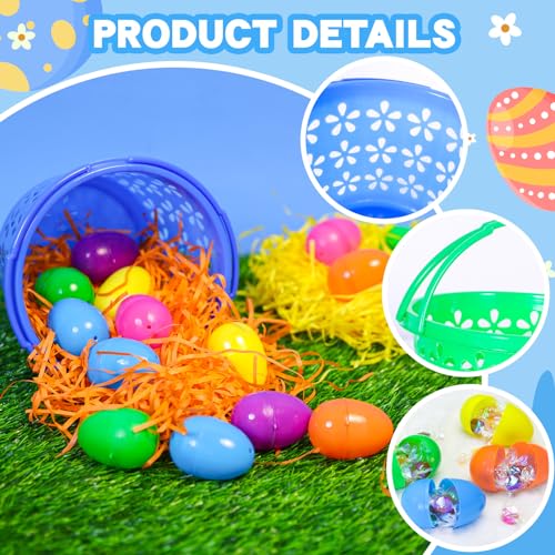 12 Pieces Easter Baskets with Handle for kids - Plastic Easter Egg Hunts Bucket with 36Pcs Empty Eggs and 60g 6 colors Grass for Pascua Party Favor Garden Basket Filler Stuffer Decorations