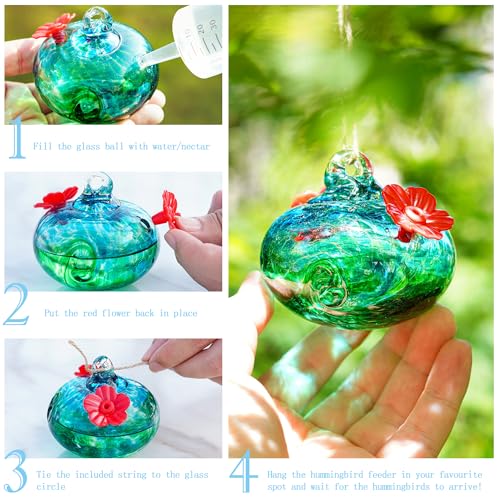 3in Blown Glass Hummingbird Feeders for Outdoors with 2 Feeding Ports | Attract Hummingbirds, Ant and Bee Resistant, Easy Hanging - color: B