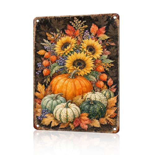 Watercolor Pumpkin Sunflower Autumn Leaves Tin Sign Rustic Fall Wall Art Decor for Living Room Kitchen Dining Room Porch and Entryway Wall Art Decor 16 * 12In - color: Vintage Thanksgiving Tin Sign 18, size: 30X40cm(12*16in)