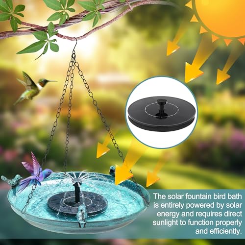 DazSpirit 14.9" Hanging Bird Bath with Solar Fountain for Outdoors | Metal Birdbath with Fixed Solar Panel, 4 Nozzles & 3 Removable Decorative Birds for Garden, Patio, Porch & Yard Gifts
