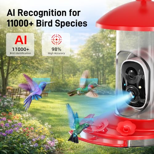 Hummingbird Feeder with Camera Outdoor, 5MP HD Smart Hummingbird Feeder Camera Solar Powered, AI Bird Identification, Ant Moat & Bee Proof, APP Alerts, Hanging or Pole Mount, Gift for Bird Lovers