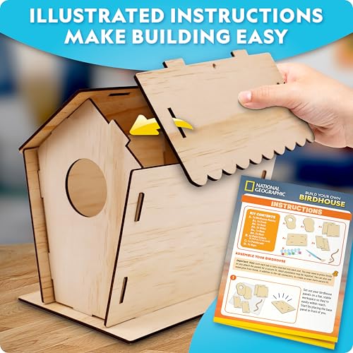National Geographic Build Your Own Wooden Birdhouse Craft Kit for Kids | DIY Wooden Birdhouse, Paints and Brush, Bird-Watching Journal, Educational Poster, Outdoor Nature Craft, Birthday Gift - style: DIY Birdhouse