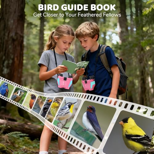 Aurosports 15x25 Compact Binoculars for Kids with Bird Guide Book, Pink | Lightweight Easy Focus with Carrying Case & Strap; Durable Fully Coated; Birdwatching Cruise Travel Gift for 8-12 Boys Girls - color: Pink