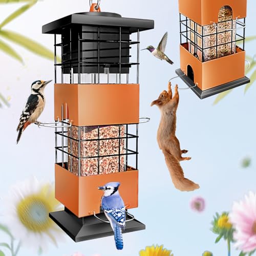 Squirrel Proof Bird Feeder,3.5Lb,4 Ports,Weight Activated,Easy Refill | Weight-Activated Shutoff Blocks Squirrels & Pigeons.Chew-Proof Build For All Weather.Large Capacity,Fast Refilling & Cleaning - color: Brown