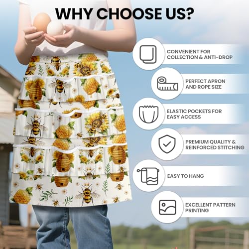 CUTHOLLOW Egg Collecting Apron for Adlut, Housewife, 18 Deep Pockets Hen Egg Gathering Holding Apron with Elastic Closures - style: Bees and Beehive With Sunflower