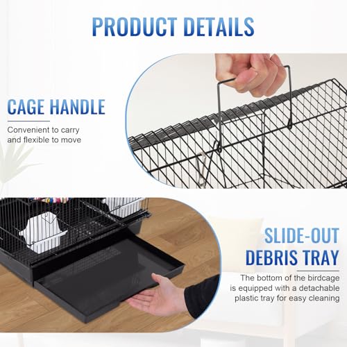 FDW 39 Inch Bird Cage Parakeet Cage with Play Top Rolling Stand & Easy Clean Pull-Out Tray Roof Top Parrot Cage for for Finches Canaries Parakeets Cockatiels & Other Small Birds, Black - color: Black