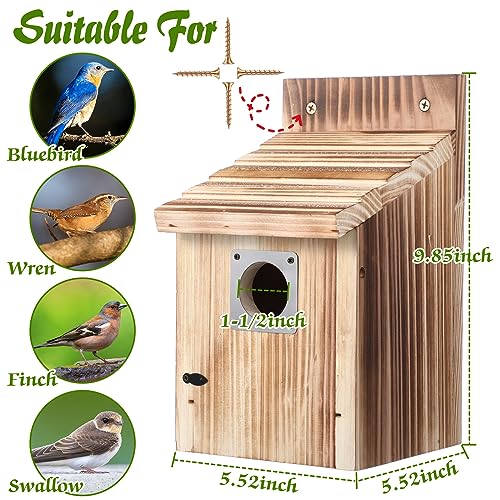 Dreyoo 1 Pack Cedar Bluebird Box Houses for Outside, 1-1/2” Entrance Hole Wooden Bird Houses with Metal Predator Guard, Secure Latch, Fledgling Grooves, Air Vents for Bluebird Wren Swallow Finch