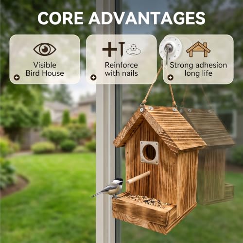 Window Bird House for Outside, Wooden Birdhouse with Vacuum Suction Cup, Clear Viewing Back, Built-in Feeder Attracts More Birds, Hang on Windows or Trees, Easy-Clean Nest Box - color: Back
